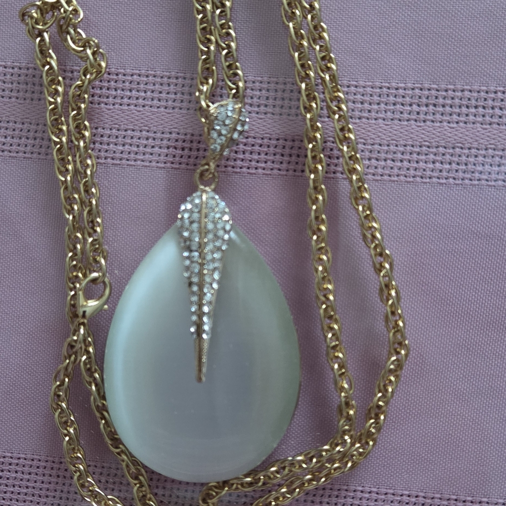 Gold and Sparkly Rhinestone Huge  White Teardrop Pendant Necklace